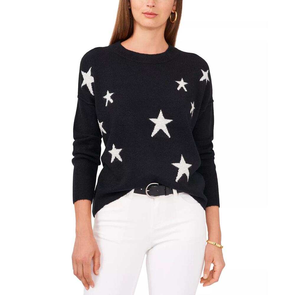 Vince Camuto Crewneck Lurex Star Sweater in Rich Black White Stars Size XL NWT - Picture 2 of 10